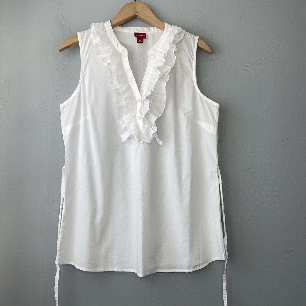 Merona Ruffled 100% Cotton Top Size Medium Sleeveless White Preppy Romantic Chic - Picture 3 of 10